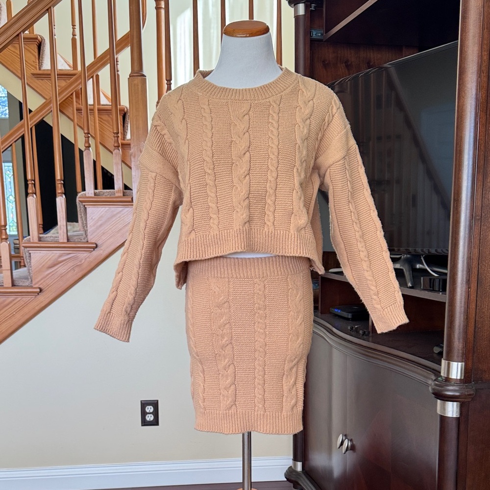 Cable Knit Sweater and Skirt Set - Tan